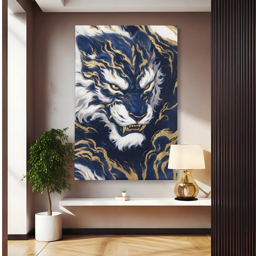 Tablou canvas cu tablou canvas cu tigru albastru si flacari aurii, fara rama, pe sasiu de lemn
